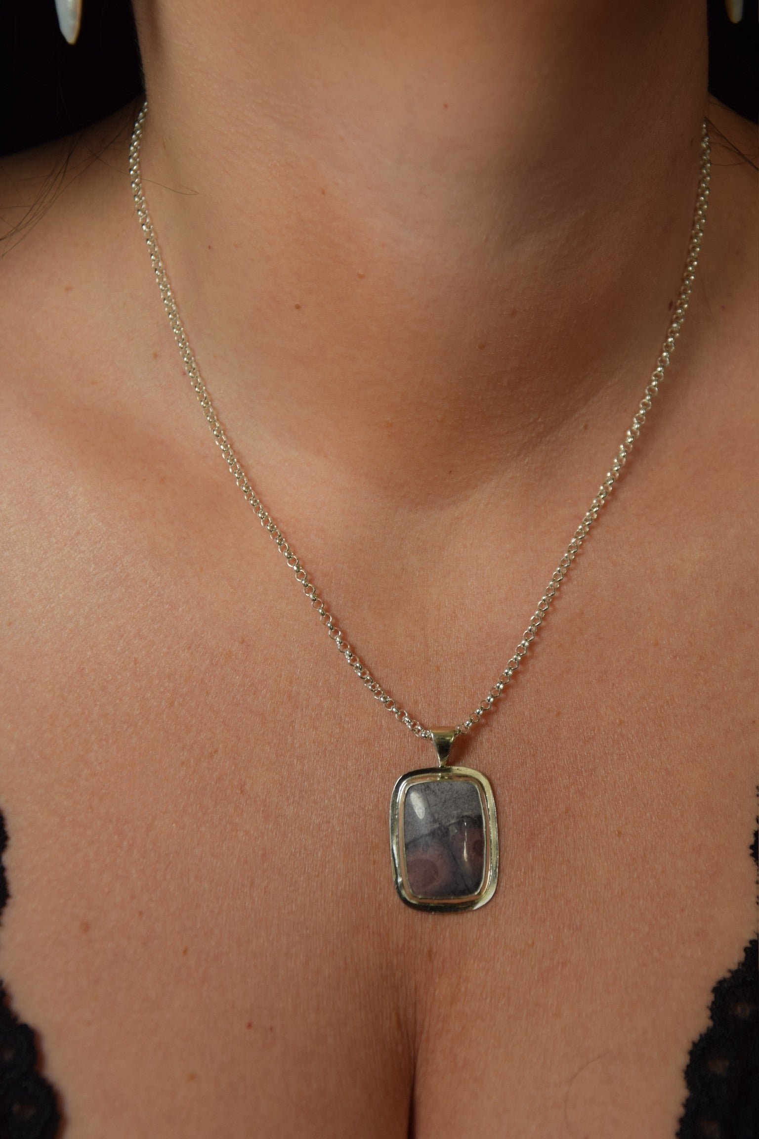 Porcelain Jasper Cushion Rectangle Framed Bezel Pendant