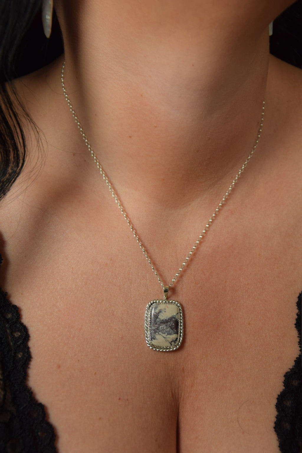 Porcelain Jasper Cushion Rectangle Rope Framed Pendant