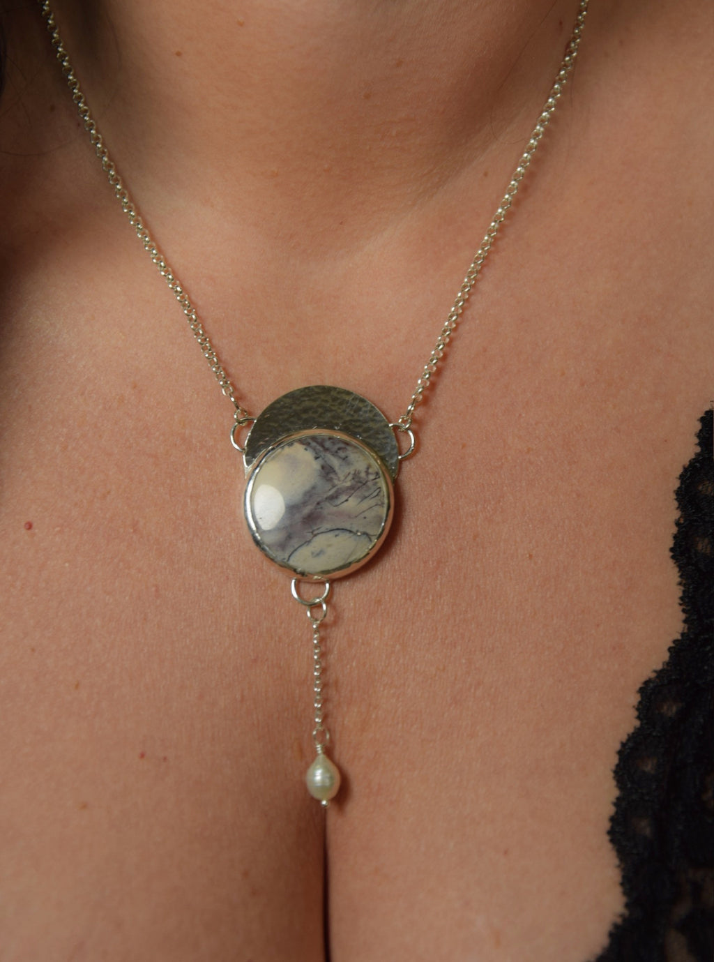 Porcelain Jasper Crescent Moon Lariat Necklace