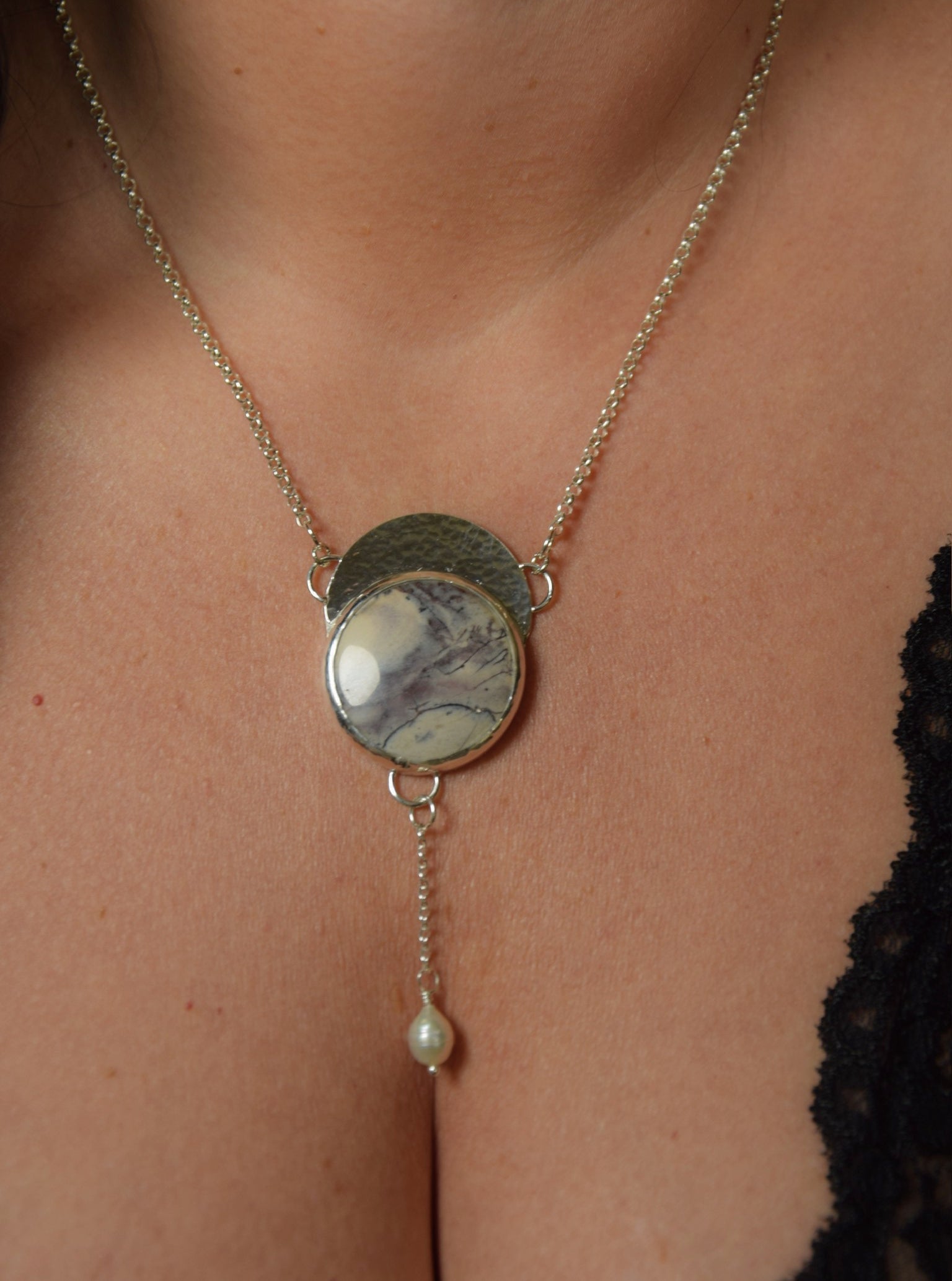 Porcelain Jasper Crescent Moon Lariat Necklace